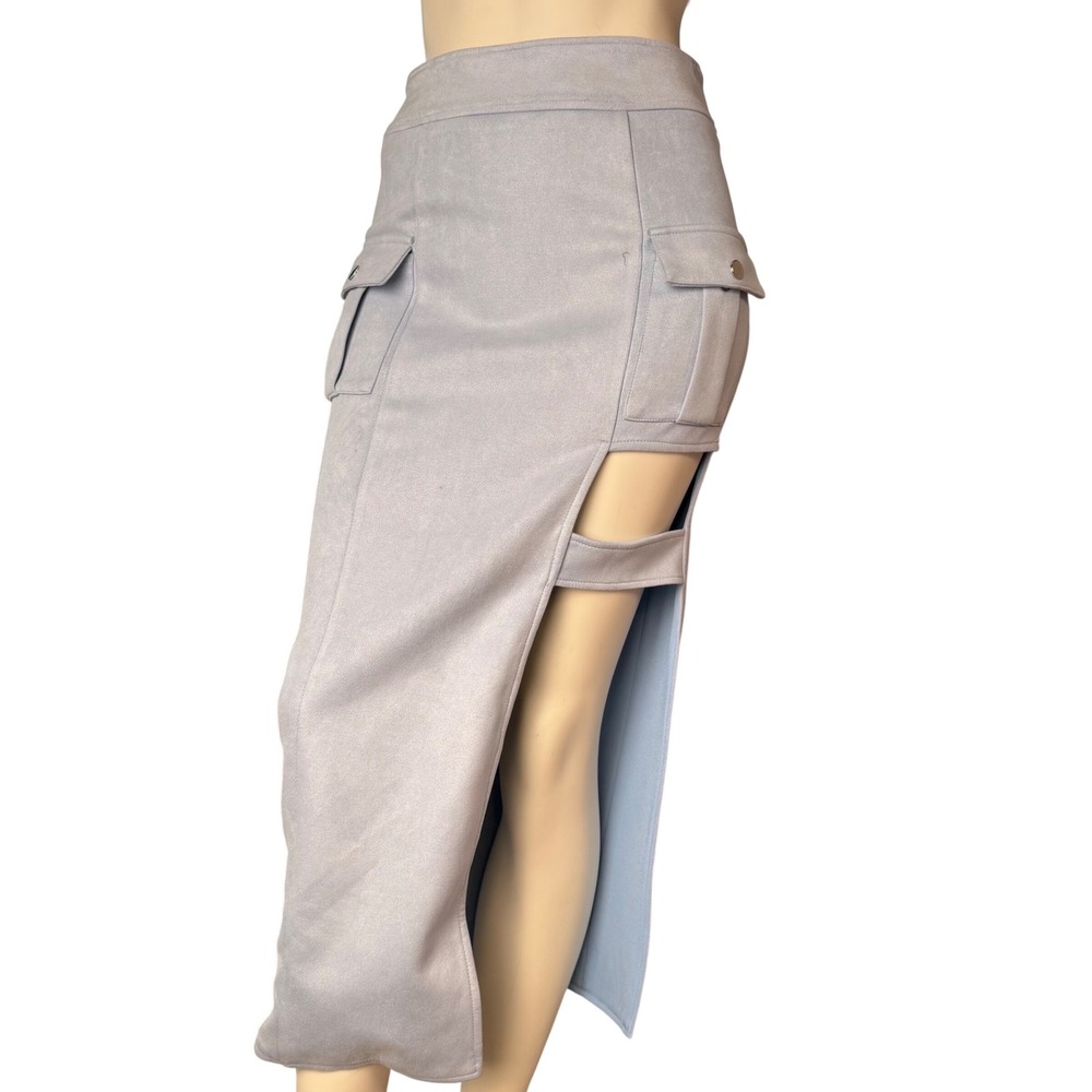 Boutique Cargo Maxi Skirt Blue Faux Suede Cutouts Utility Military Cybercore M